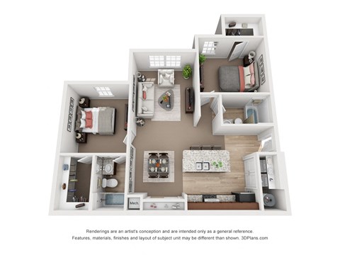 Floor plan for 2 beds, 2 baths, 933 sqft